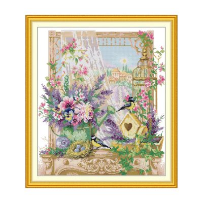 Bird Cross Stitch Kit – Lavender Windowsill Scene