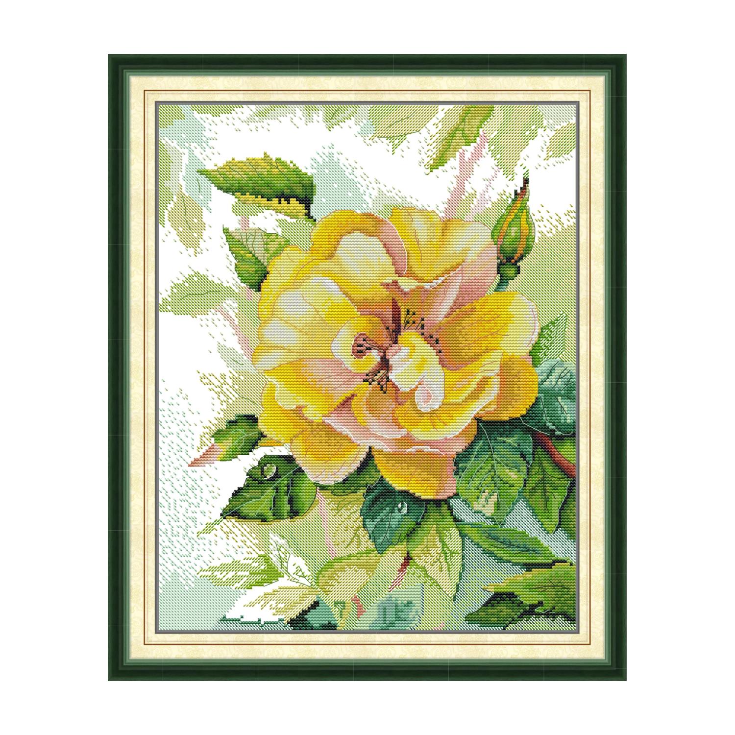 Rose cross stitch design of a yellow rose with pink-tinged petals and green leaves