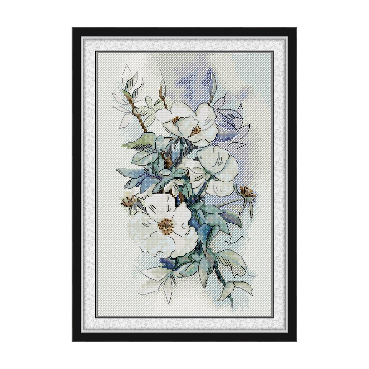 Floral cross stitch design of white blossom flowers with golden centers on a soft blue-gray background