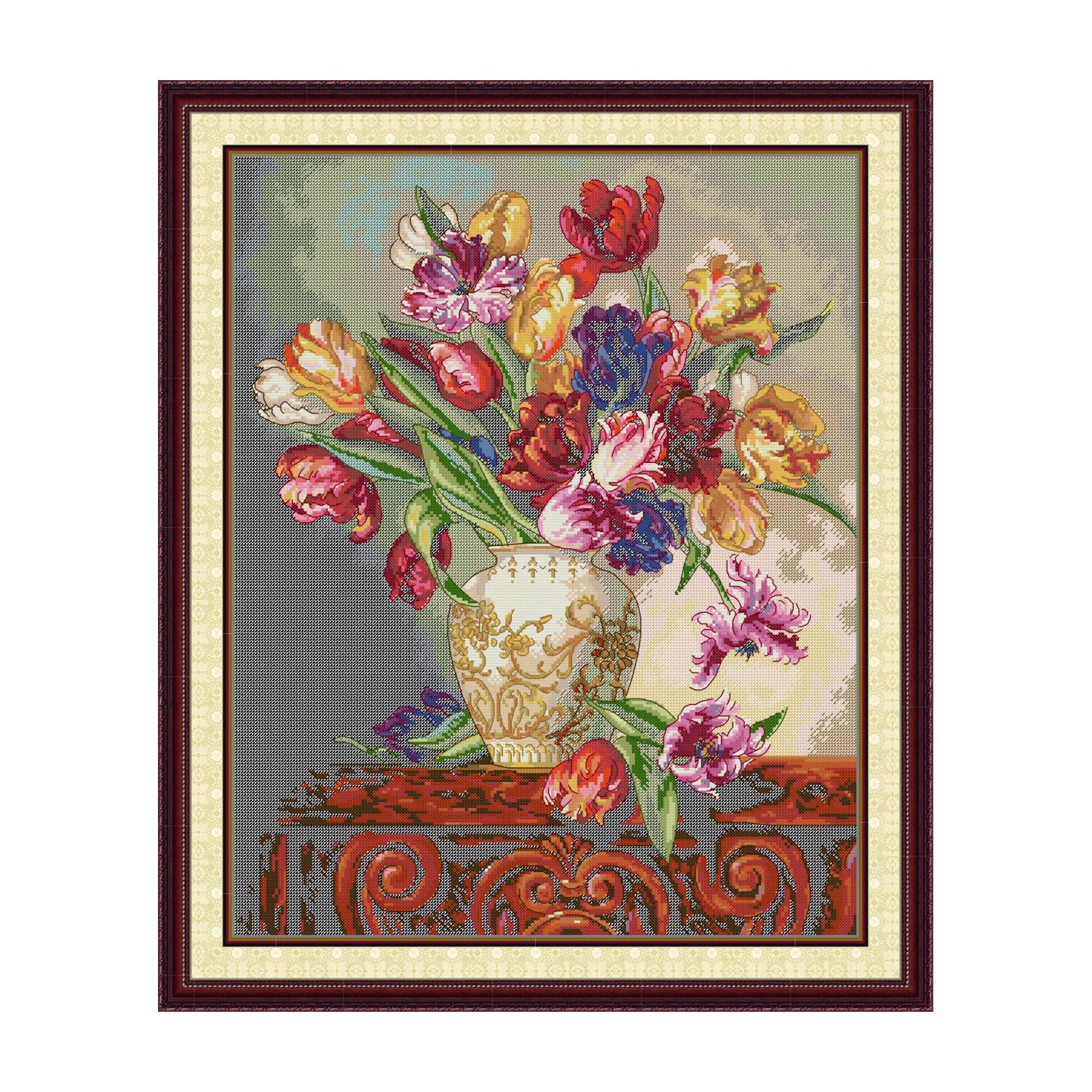 Tulip cross stitch design of a colorful tulip bouquet in a decorative vase, still life style