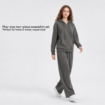 Women's Sets Plus Size 2 Piece Sweatshirt Set Zip Up Hoodie Wide Leg Pants Casual Loungewear