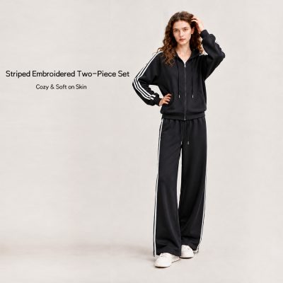 Women's Sets Striped 2 Piece Tracksuit Zip Up Hoodie Wide Leg Pants Casual Slim Fit Sportswear